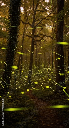 Enchanted Forest with Glowing Fireflies at Dusk in Nature Scene