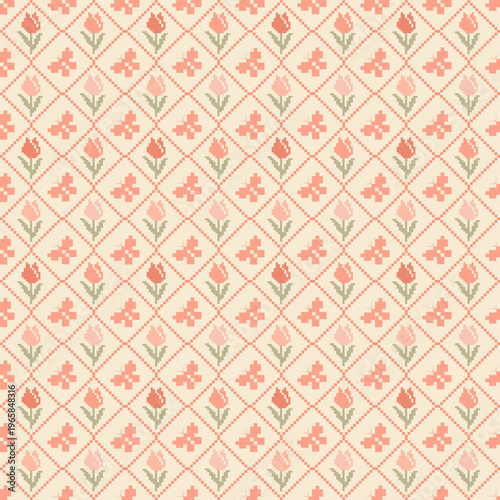 Tulip Background, Spring and summer Seamless floral Pattern with yellow background: Vector Illustration for Fabric, Clothing, wallpaper, tile floor and fashion Design - pastel color