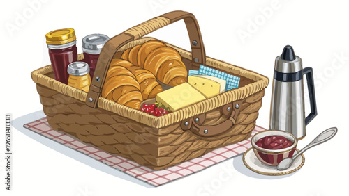 Breakfast picnic setup with wicker basket full of croissants jam butter and coffee on a red checkered mat