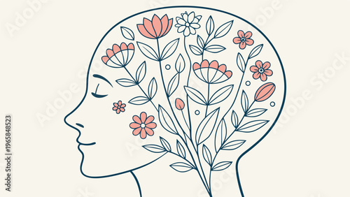 Vector illustration of a beautiful woman profile silhouette with floral hair design featuring spring flowers and summer leaves for fashion art
