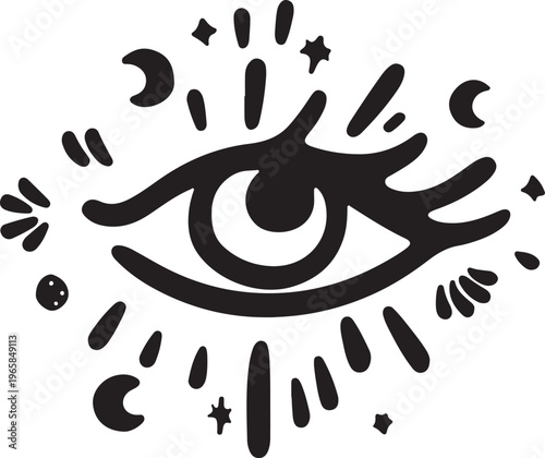A mystical black and white illustration of an eye surrounded by celestial moon and star motifs