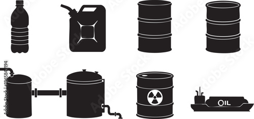 Black silhouette of oil and chemical storage containers and transportation oil barrels chemical containers