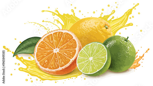 Fresh citrus fruits combo with vibrant juice splash orange lemon and lime on white background