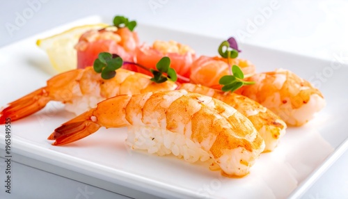Close-up of sushi arrangement on a rectangular white plate, appetizing and vibrant