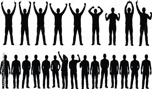 Silhouettes of human figures in diverse standing poses with raised arms, cheering gestures, neutral stances, and expressive posture artwork