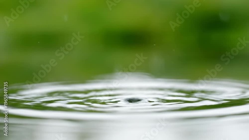 Captivating video captures a pure water drop splashing into a calm surface, creating beautiful ripples and dynamic droplets against a green background.