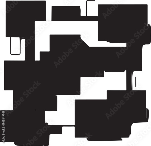 A high contrast black and white abstract graphic composed of various geometric square shapes