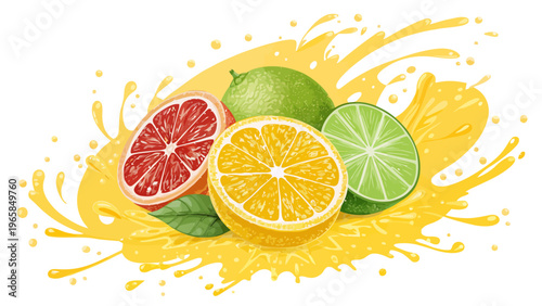 Vibrant citrus fruit combination with orange lemon and lime slices on a yellow splash background