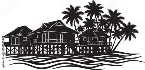Black silhouette of three tropical stilt houses with palm trees white background