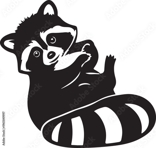 A minimalist black and white silhouette illustration of a cute playful raccoon sitting on ground