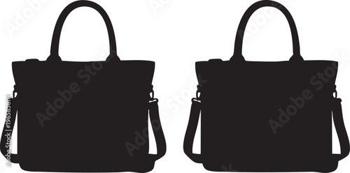 Black silhouette of two identical tote bags with handles and shoulder straps handbag purse