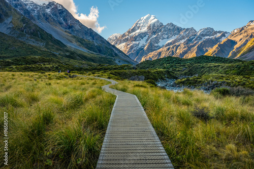 A winding wooden boardwalk stretches through the lush tussock grasslands of the Hooker Valley Track, leading the eye toward the snow-capped peak of Aoraki Mount Cook, New Zealand's highest mountain.