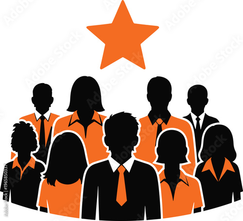 Diverse group of business people standing under large star symbolizing success and achievement