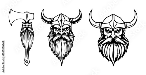 Viking axe set with black line art featuring axe head, bearded warrior, sharp blade with ancient weapon and Norse iconography