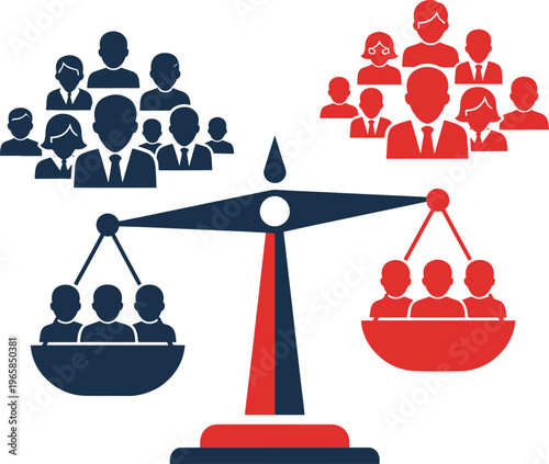 Scale of justice balancing two distinct groups of people in red and blue flat silhouettes