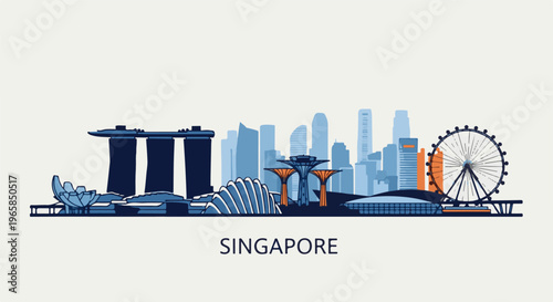 Stylized cityscape with iconic buildings and a Ferris wheel under a light background