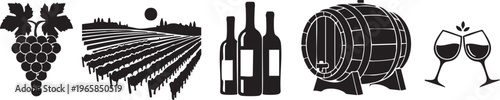 Black silhouette of wine related and vineyard scene grapes wine bottles wine barrel