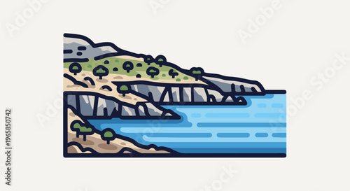 Stylized coastal cliffs meet a calm, blue body of water