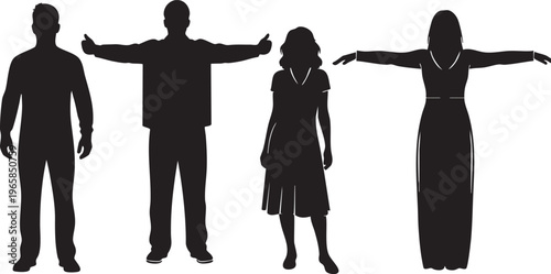 Black silhouette people in various poses on white background silhouettes standing