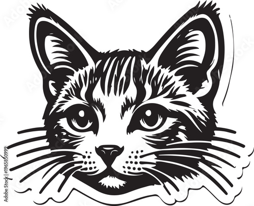 A detailed black and white graphic illustration of a domestic cat face with expressive eyes