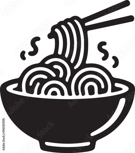 A simple black and white vector icon depicting a bowl of hot steaming ramen noodles with chopsticks