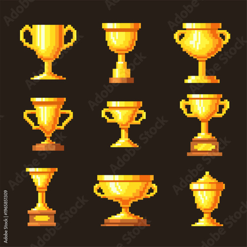 Pixel trophy cups. Retro video game awards, 8 bit golden cup winner champion reward old arcade assets champ best achievement sport victory vintage ui icons neat vector illustration