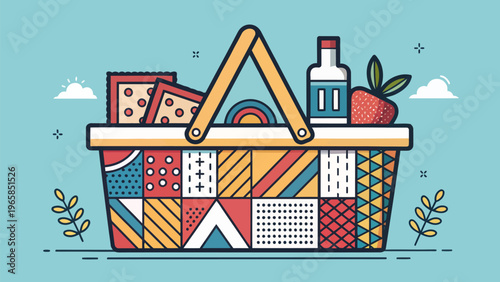 Vibrant picnic basket with food and drink on light blue background with clouds and plants