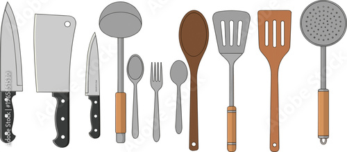 Kitchen utensil collection, chef knife cleaver, paring knife pizza cutter, spoon fork spatula skimmer, cooking tools, household culinary gadgets