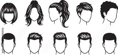 Black silhouette style people heads with different hairstyles silhouettes