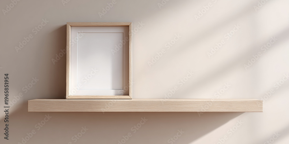 Fototapeta premium Minimalist wooden frame on floating shelf