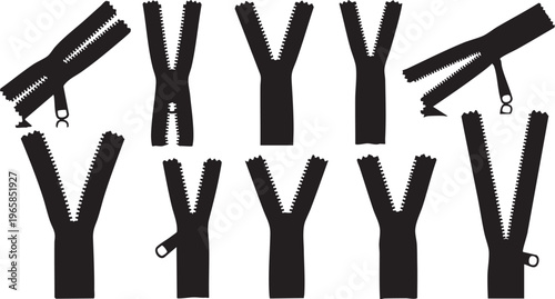 Black silhouette zippers in various positions and states silhouettes zipper parts zipper teeth