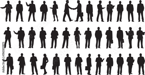 Black silhouettes of business people standing in various poses white background