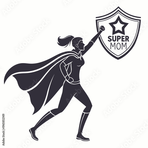 A dynamic illustration of a superhero mom holding a shield with the words 'SUPER MOM' and a star, symbolizing strength and protection.