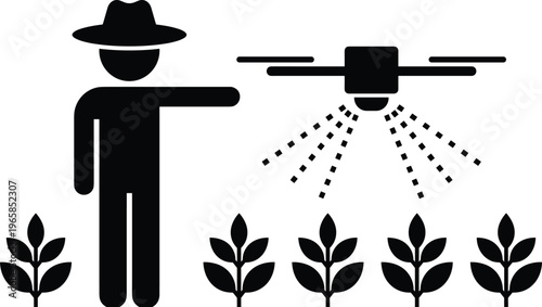Farmer using remote control drone technology for precision pesticide spraying and irrigation of crop plants in a modern agricultural field