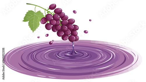 Grapes dropping into purple liquid with ripples on surface green leaves and stem attached white background
