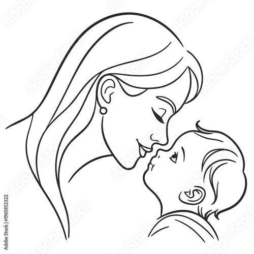 A minimalist line art illustration of a mother kissing her baby on the cheek