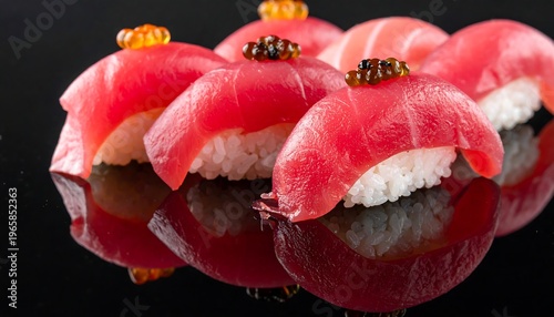 Close-up of sushi nigiri with bright red fish and caviar