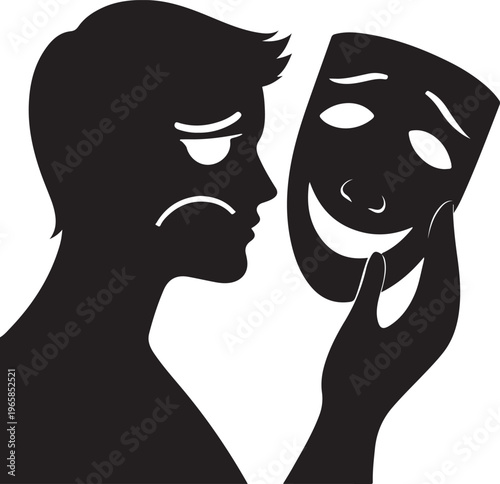 A black and white silhouette of a person holding a smiling mask to hide their deep inner sadness