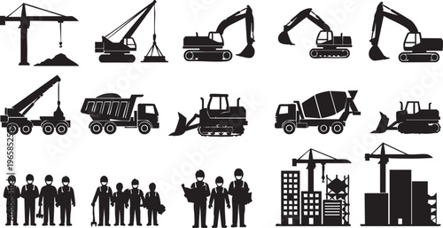 Black silhouettes of construction vehicles and workers on white background