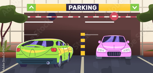 Car park entrance. Underground parking entry gate barrier, cars garage building exit toll pass drive vehicle auto safety guard security booth checkpoint classy vector illustration