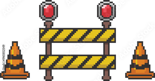 Pixel art road barrier with cones, construction warning traffic safety retro 8bit game illustration design