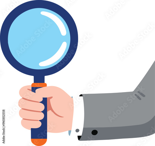 Business Professional Hand Holding Blue Magnifying Glass for Search and Investigation, Flat Minimalist Style vector illustration
