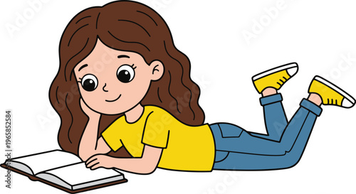 Young Girl with Long Brown Hair Lying on Stomach Reading Open Book, Wearing Yellow Shirt and Blue Jeans, Cute Cartoon Flat Style vector illustration
