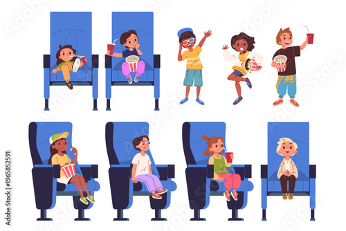 Children cinema theater. Kids on movie theatre seat red chairs watching film, eating popcorn excited child cartoon characters school boy girl audience, classy vector illustration