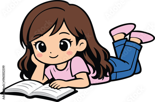 Cute Young Girl with Long Brown Hair Lying on Stomach Reading Book, Wearing Pink Shirt and Blue Pants, Relaxed Cartoon Flat Style vector illustration
