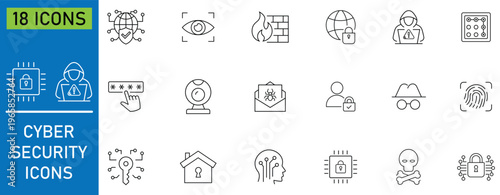 Collection of cyber security line icons. Containing hacker, padlock, security, data protection, spam, fingerprints and more. Data protection and secured network icon collection. Vector illustration. 