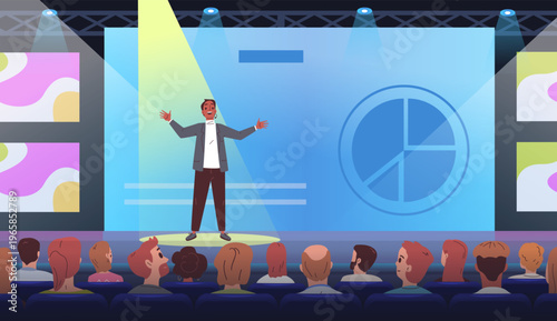 Speaker presentation product. Founder company speech podium stage, personal growth coach lecture corporate business training seminar audience auditorium classy vector illustration