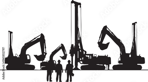 Black silhouettes of construction workers and heavy machinery excavators cranes