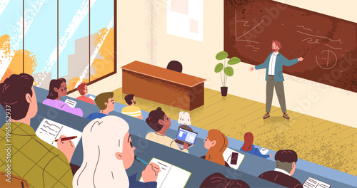 Teacher lecture auditorium. University professor teaching student class hall room, college learning students at desk classroom school lesson education classy vector illustration