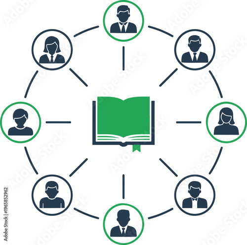 Interactive learning circle with open book icon and connected diverse professional people